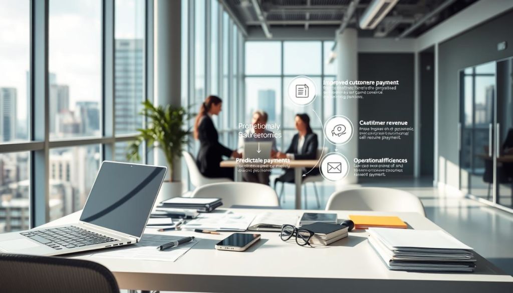 A modern, clean-looking office interior with large windows overlooking a vibrant cityscape. In the foreground, a desk with a laptop, smartphone, and various office supplies symbolizing the core elements of a recurring payment business model. The middle ground features a team of professionals engaged in a collaborative meeting, discussing financial reports and growth strategies. In the background, a stylized infographic display highlights the key benefits of recurring payments, such as predictable revenue, improved customer retention, and operational efficiencies. The lighting is bright and natural, creating a professional and prosperous atmosphere. The overall composition conveys the advantages of adopting a recurring payment system for modern enterprises.
