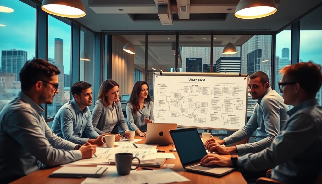 A modern corporate office, bathed in soft, warm lighting from overhead fixtures. In the foreground, a team of professionals huddled around a table, diagrams and documents scattered before them as they plan the implementation of an ERP system. Laptops, coffee mugs, and pens suggest a focused, collaborative atmosphere. In the middle ground, a large whiteboard displays flowcharts and timelines, guiding the team's preparation. The background reveals floor-to-ceiling windows, offering a view of a bustling city skyline, hinting at the larger scope and impact of the project. The overall mood is one of serious intent, with a touch of anticipation as the team works to ensure a successful ERP implementation.