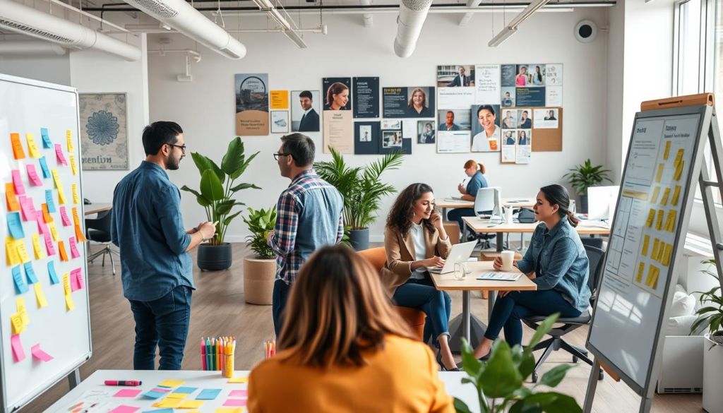 A modern corporate office setting, with employees engaged in collaborative activities that showcase internal marketing practices. In the foreground, a team brainstorming session around a whiteboard, with vibrant sticky notes and markers. In the middle ground, colleagues sharing ideas over coffee in a cozy lounge area, surrounded by inspirational wall art and indoor plants. The background features an open floor plan with natural lighting, desks, and a bulletin board displaying recognition awards and team photos. The overall atmosphere is bright, energetic, and promotes a sense of community and engagement within the workplace.