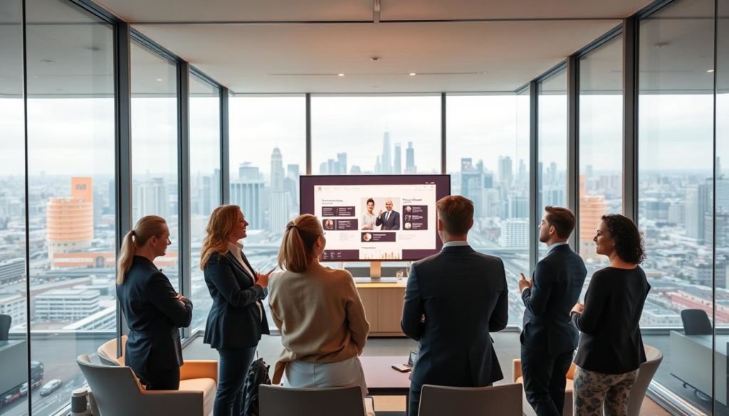 A modern corporate office with sleek glass walls and minimalist furniture. In the foreground, a group of professionals engaged in a lively discussion, their expressions focused and animated. In the middle ground, a large video screen displays a presentation, casting a warm glow across the room. The background is a panoramic view of a bustling city skyline, with skyscrapers and traffic below. The lighting is a balanced mix of natural daylight and soft, indirect artificial illumination, creating a professional yet approachable atmosphere. The overall scene conveys a sense of productive collaboration and effective corporate communication.