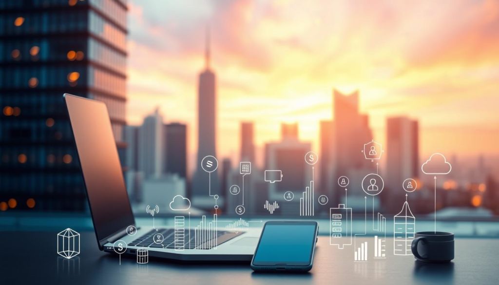 A modern digital marketing scene with a laptop, smartphone, and various digital icons in the foreground. The background features a blurred cityscape with skyscrapers and a vibrant, colorful gradient sky. Warm, soft lighting illuminates the scene, creating a professional and dynamic atmosphere. The composition is balanced, with the digital devices and icons drawing the viewer's attention to the center of the frame. The overall style is sleek, minimalist, and visually appealing, conveying the importance and impact of digital marketing in the contemporary business landscape.