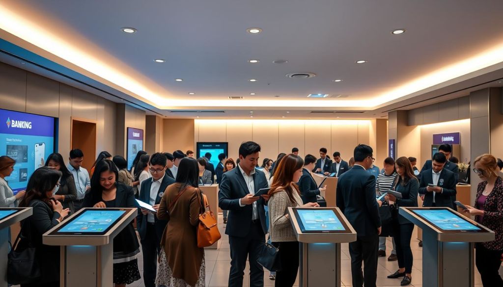 A modern, dynamic banking lobby with a warm, inviting atmosphere. The foreground features a group of diverse customers engaged with sleek digital kiosks and tablets, their faces illuminated by the soft glow of the screens. In the middle ground, bank employees dressed in professional attire assist customers, their body language conveying a sense of helpfulness and expertise. The background showcases a minimalist, yet elegant decor with clean lines, muted colors, and strategically placed lighting fixtures that create a harmonious, high-tech ambiance. Subtle visual cues, such as digital signage and branded accents, reinforce the digital banking experience. The overall scene captures the synergy between technology and personalized customer service, highlighting the appeal of a cutting-edge, yet accessible digital banking environment.