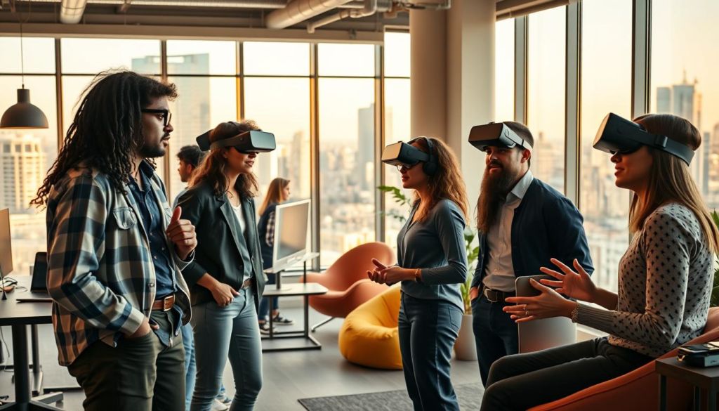 A modern, dynamic office environment with members of the Gen Z workforce collaborating amidst the challenges of managing this unique demographic. In the foreground, a diverse group of young professionals engrossed in animated discussion, gesturing passionately. The middle ground showcases a blend of traditional and cutting-edge workplace elements - standing desks, beanbag chairs, and virtual reality headsets. The background features floor-to-ceiling windows overlooking a vibrant cityscape, bathed in warm, natural lighting that imbues the scene with an energetic, yet contemplative atmosphere. Subtle hints of frustration and determination are evident on the faces of the managers tasked with navigating the complexities of guiding this ambitious, tech-savvy generation.