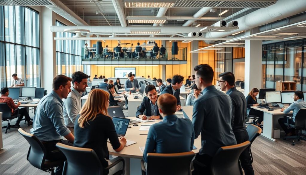 A modern, dynamic office interior with various teams collaborating seamlessly. In the foreground, a group of professionals engage in lively discussions around a sleek conference table, their body language and facial expressions conveying a sense of integration and synergy. The middle ground showcases open workspaces where employees of different departments work side by side, their computer screens and paperwork indicating the flow of information and ideas across functional areas. In the background, glass-walled offices and a bustling lobby suggest a well-connected, interconnected organization. Warm, diffused lighting casts a collaborative glow, and the overall scene exudes a sense of effortless, efficient integration.