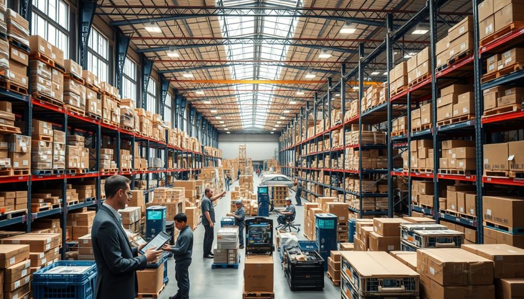 A modern e-commerce warehouse filled with stacked boxes, shelves, and crates in a well-lit, industrial environment. In the foreground, an executive oversees operations with a tablet, surrounded by busy employees fulfilling orders. The mid-ground features rows of robotic packing systems and smart logistics displays. The background showcases a panoramic view of the expansive warehouse, with high ceilings and large windows letting in natural light. The overall atmosphere conveys efficiency, technology, and the growing scale of B2B e-commerce.