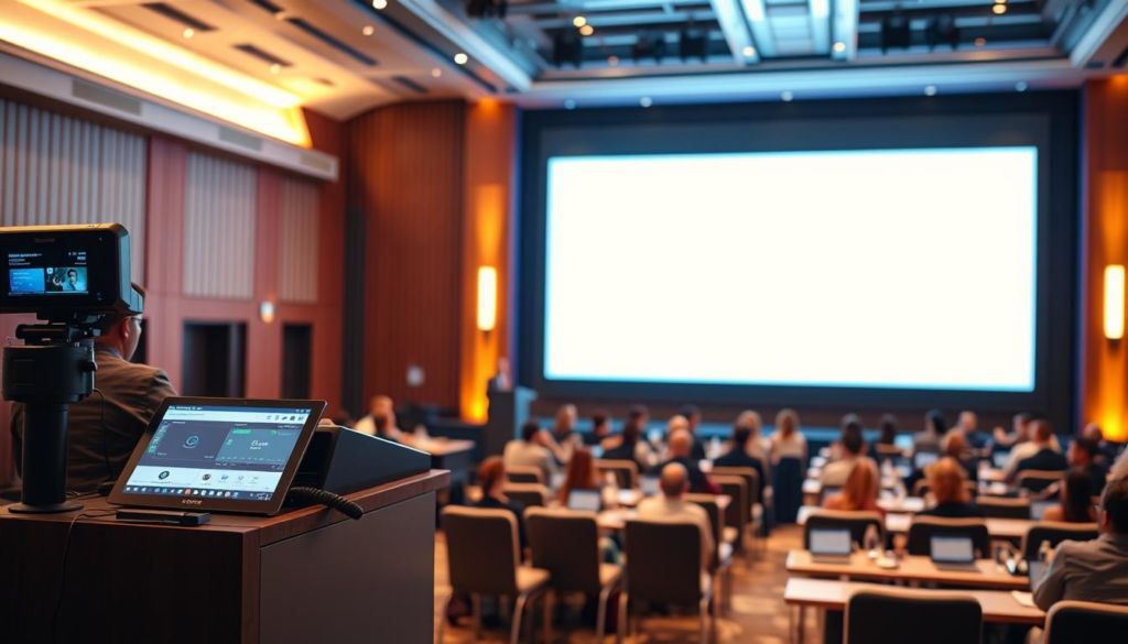 A modern event venue with a large screen display taking center stage. In the foreground, a lectern with high-tech audio-visual equipment and a presenter gesturing towards the screen. Behind, rows of comfortable chairs and tables for attendees, with seamless integration of digital presentation tools. Warm lighting illuminates the scene, creating an atmosphere of professionalism and engaged learning. The technology blends harmoniously with the physical space, enabling a cohesive hybrid experience for both in-person and remote participants.