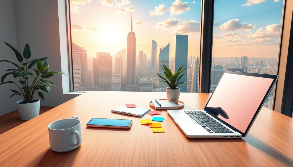 A modern, highly-detailed, wide-angle digital illustration of an online entrepreneur's working desk. In the foreground, a laptop, smartphone, and coffee mug sit on a sleek, minimalist wooden desk. The middle ground features colorful sticky notes, a notebook, and a potted plant, symbolizing the strategies and plans of the entrepreneur. In the background, a large window reveals a cityscape with skyscrapers and a vibrant, sun-drenched sky, conveying a sense of optimism and opportunity. The overall mood is one of focus, productivity, and a drive for success in the digital business world.