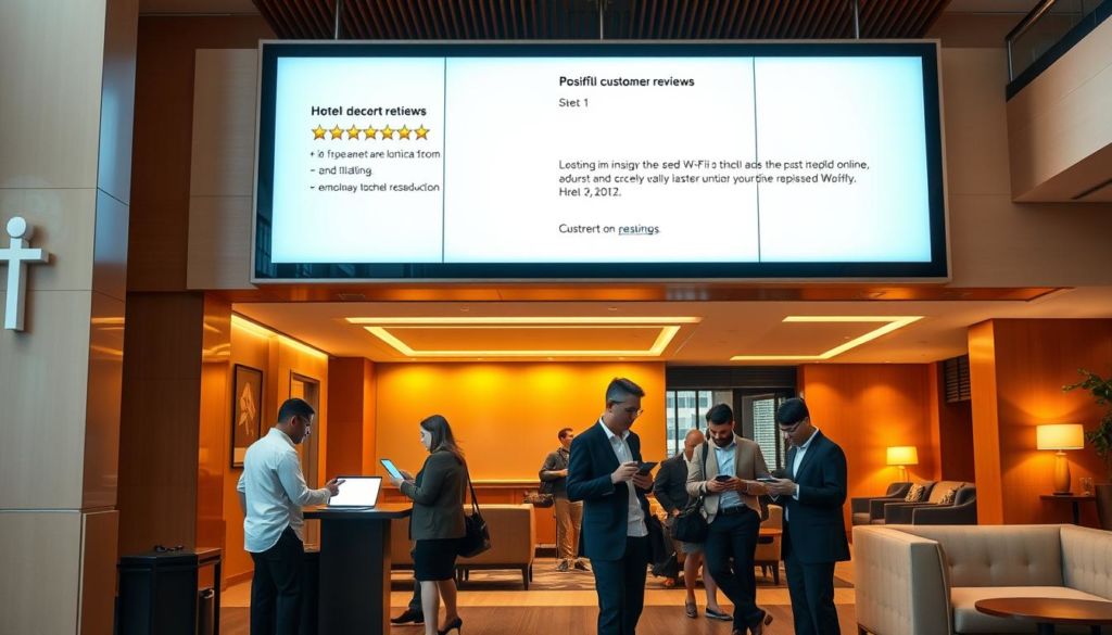 A modern hotel lobby with a sleek and minimalist design. The foreground features a large digital display showcasing positive customer reviews, with a crisp, clean interface. In the middle ground, a group of business travelers are engrossed in their laptops and mobile devices, connected to the hotel's high-speed Wi-Fi. The background depicts a warm, well-lit lounge area with comfortable seating and discreet lighting, creating a relaxing ambiance. The overall scene conveys a sense of professionalism, technological integration, and a strong focus on maintaining a positive online reputation for the hotel.