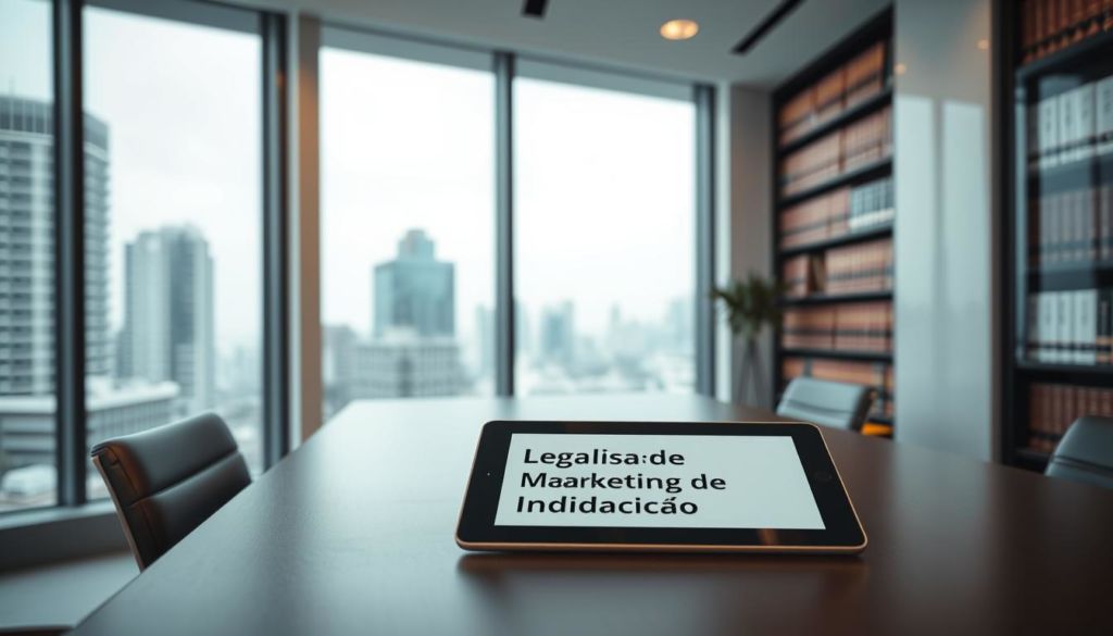 A modern legal office interior with a sleek desk, a glass window overlooking a cityscape, and a bookshelf filled with law books. The lighting is warm and professional, creating a sense of authority and trustworthiness. On the desk, a tablet displays a digital document with the title "Legalidade no Marketing de Indicação", reflecting the subject matter. The overall atmosphere conveys a climate of ethical and responsible business practices.