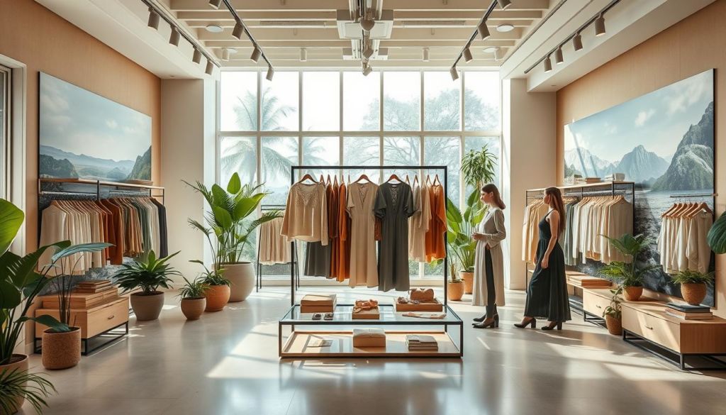 A modern luxury fashion store interior with a focus on sustainable practices. Bright, airy space with large windows and minimalist decor. In the center, a display showcasing high-end eco-friendly garments made from organic, recycled, or repurposed materials. Warm, earthy tones complement the natural materials. Staff in chic, sustainable uniforms assist customers. Potted plants and natural light create a calming, lush ambiance. In the background, large murals or artwork depict scenes of environmental conservation. Elegant, yet responsible luxury that resonates with socially conscious consumers.