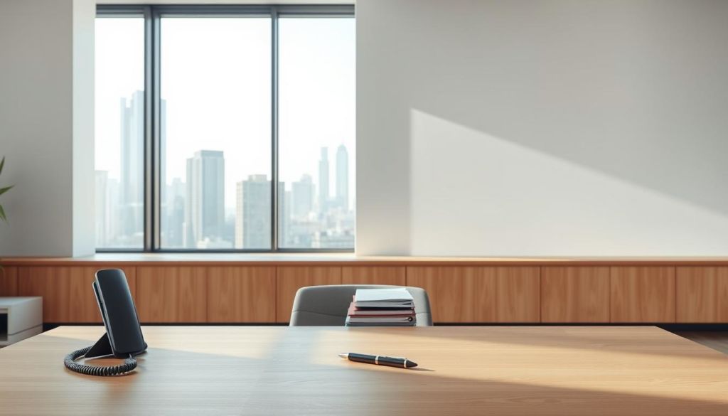 A modern, minimal office interior with a clean, professional atmosphere. In the foreground, a sleek and uncluttered wooden desk with a telephone, pen, and a few folders neatly arranged. The middle ground features a large, floor-to-ceiling window overlooking a cityscape, allowing natural light to flood the space. The background depicts a serene, neutral-toned wall, creating a calming and focused ambiance. The lighting is soft and even, accentuating the elegant simplicity of the scene. The overall composition conveys a sense of approachability and accessibility, suitable for illustrating a section on "Serviços Específicos Consultáveis por Telefone".