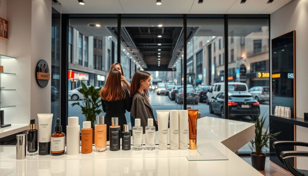 A modern, minimalist beauty salon interior with clean lines, soft lighting, and a touch of natural elements. In the foreground, a collection of stylish hair and beauty products are neatly displayed on a sleek, glass-topped counter. The middle ground showcases a stylish, well-dressed client receiving a professional hair styling service from an attentive, skilled stylist. In the background, a large, floor-to-ceiling window overlooks a bustling city street, creating a sense of urban sophistication. The overall mood is one of contemporary elegance, efficiency, and excellent customer service, perfectly capturing the essence of an effective online advertisement for this upscale beauty salon.