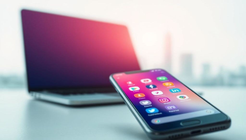 A modern, minimalist composition capturing the essence of social media integration. In the foreground, a sleek smartphone screen displays various social media app icons in a vibrant, eye-catching palette. The middle ground features a laptop or tablet device, its clean lines and simple design complementing the smartphone. In the background, a subtle, out-of-focus cityscape or abstract geometric patterns create a sense of depth and connectivity. The lighting is soft and diffused, highlighting the technological elements while maintaining a professional, polished atmosphere. The overall mood is one of efficiency, integration, and digital-age sophistication.