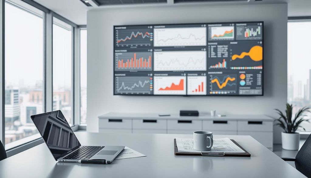 A modern, minimalist data analysis office scene. In the foreground, a desk with a laptop, a pen, and a coffee mug. Atop the desk, a stack of documents and a clipboard with analytical charts. Midground, a large wall-mounted display showing various behavioral data visualizations, such as line graphs, scatter plots, and heatmaps. The background features floor-to-ceiling windows overlooking a cityscape, with a soft, natural lighting filtering through. The overall atmosphere is one of focus, productivity, and data-driven insights, conveying the analytical nature of the "Analisando dados comportamentais" section.