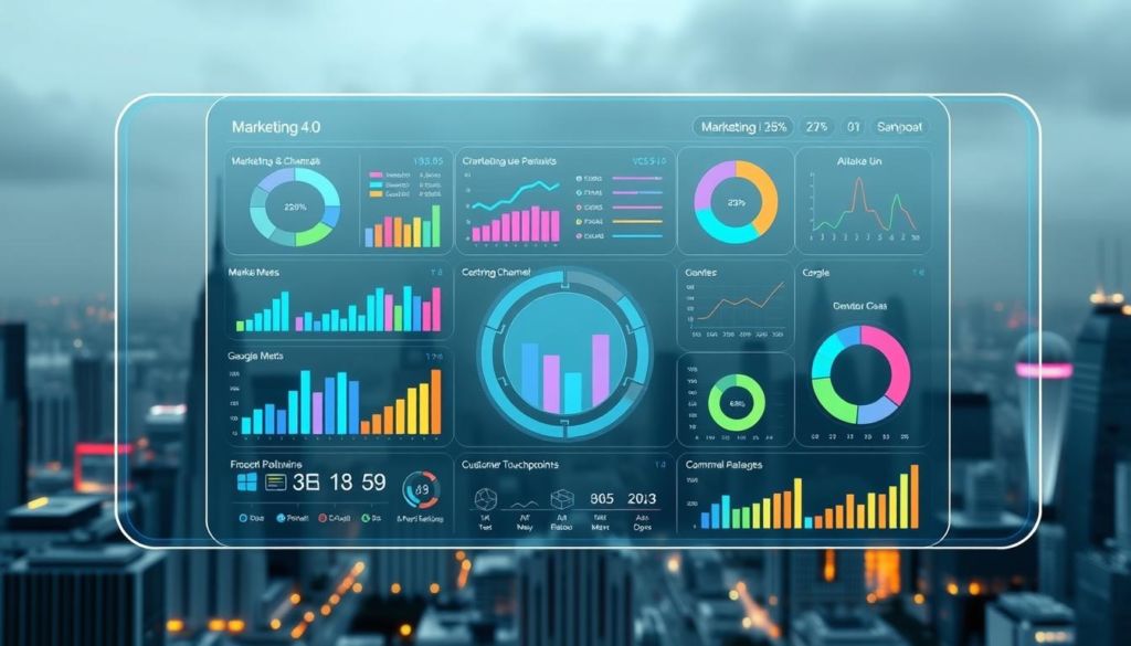 A modern, minimalist data visualization dashboard showcasing key performance indicators (KPIs) and analytical tools for Marketing 4.0. The foreground features a sleek, holographic interface with colorful charts, graphs, and metrics tracking various marketing metrics. The middle ground includes icons and UI elements representing marketing channels, customer touchpoints, and digital analytics tools. The background has a subdued, futuristic cityscape with skyscrapers and neon accents, conveying a sense of technological progress and innovation. The overall mood is clean, professional, and future-focused, reflecting the data-driven nature of contemporary marketing practices.