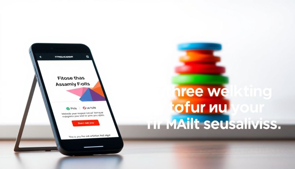 A modern, minimalist email marketing campaign for a fitness academy. In the foreground, a smartphone displaying an email template with a bold call-to-action button. The middle ground features a stack of colorful, geometric shapes representing data analytics and metrics. In the background, a clean, white backdrop with subtle gradients, suggesting a professional, high-tech aesthetic. Soft, directional lighting casts subtle shadows, emphasizing the three-dimensional elements. The overall mood is sleek, sophisticated, and digitally-driven, reflecting the power of email marketing to drive engagement and results for a thriving fitness business.