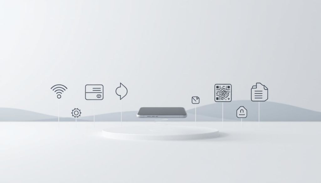 A modern, minimalist financial scene depicting digital payments. In the foreground, a sleek, silver smartphone hovers above a clean white surface, its screen casting a soft, ambient glow. Arrayed around it are stylized icons and symbols representing various mobile payment methods - contactless cards, QR codes, and digital wallets. The middle ground features a subtle pattern of geometric shapes and lines, conveying a sense of interconnectedness and technology. The background is a serene, gradient-based landscape, evoking a calm, sophisticated atmosphere. The overall composition is balanced, with a focus on simplicity, elegance, and the seamless integration of digital finance into everyday life.