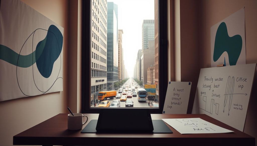 A modern, minimalist graphic design studio with a large window overlooking a bustling city street. In the foreground, a designer's desk with a tablet, stylus, and a mug of coffee. On the walls, abstract shapes and lines in soothing shades of blue and green, evoking the creative process. In the middle ground, a whiteboard with sketches and scribbles, suggesting the ideation phase. The background reveals the cityscape beyond, with skyscrapers and passing traffic, hinting at the dynamic, fast-paced world of branding and marketing. Warm, diffused lighting creates a focused, contemplative atmosphere, perfect for the delicate task of crafting a memorable slogan.