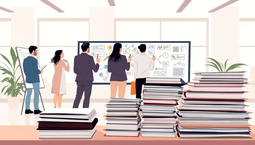 A modern, minimalist illustration depicting "estratégias de conteúdo" or content strategies. In the foreground, a group of diverse professionals collaborating around a sleek, digital whiteboard, sketching out content ideas and mapping out workflows. The middle ground features stacks of meticulously organized folders, reports, and notebooks, symbolizing the research, planning, and documentation involved. The background is a clean, airy office space with large windows bathed in warm, natural lighting, creating a productive, innovative atmosphere. The overall scene conveys the strategic, methodical nature of effective content marketing, with a focus on teamwork, organization, and creativity.