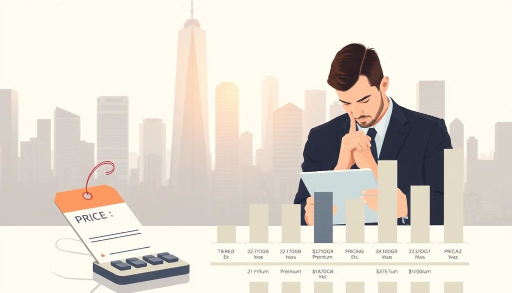 A modern, minimalist illustration of pricing strategies. In the foreground, a calculator, a pricing tag, and a series of bar graphs representing different pricing models - tiered, penetration, premium, etc. In the middle ground, a focused businessman in a suit thoughtfully examining pricing data on a tablet. The background features a clean, geometric cityscape with skyscrapers and a warm, golden light filtering through. The overall mood is one of analytical precision, strategic decision-making, and a calculated approach to effective pricing.