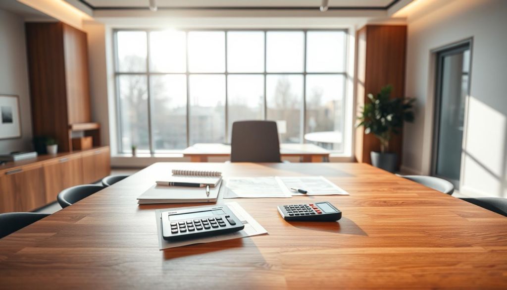 A modern, minimalist office interior with a large, polished wooden desk in the foreground. Minimalist decor and clean lines accentuate the space. On the desk, a variety of financial documents, spreadsheets, and a calculator are neatly arranged, hinting at the subject of financial considerations. Natural light streams in through large windows in the background, creating a warm, professional atmosphere. The overall mood is one of thoughtful contemplation and careful analysis.