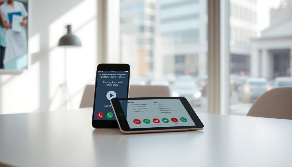 A modern, minimalist office interior with soft lighting. On the desk, a smartphone and a tablet display various customer service issues related to contacting a dental provider, such as long wait times, unanswered calls, and confusing menus. In the background, a window overlooking a busy city street, hinting at the frustrations of modern communication. The scene conveys a sense of exasperation and the need for a more streamlined, customer-centric approach to dental customer service.