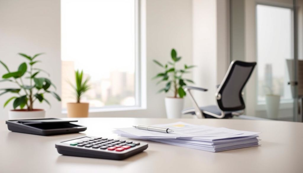 A modern, minimalist office scene with a focus on the initial costs and fees associated with starting a franchise business in Brazil. In the foreground, a desk with a calculator, pen, and stack of documents representing the financial paperwork. In the middle ground, a potted plant and a sleek, ergonomic office chair symbolizing the investment in the workspace. The background features clean, light-colored walls, a large window overlooking a cityscape, and a sense of professionalism and attention to detail. The lighting is soft and natural, creating a calm, contemplative atmosphere. The image conveys the careful consideration and strategic planning required when evaluating the initial costs of a franchise venture.