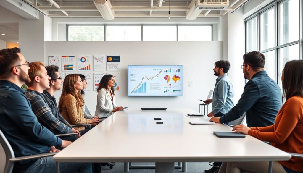A modern, minimalist office setting with a bright, open floor plan. In the foreground, a team of diverse professionals is collaborating around a sleek conference table, their expressions animated as they discuss data visualization displayed on a large wall-mounted screen. In the midground, the walls are adorned with colorful infographics and charts, symbolizing the free flow of information. The background features floor-to-ceiling windows, allowing natural light to flood the space and create a sense of openness and transparency. The overall atmosphere conveys a harmonious, productive environment where data silos have been effectively eliminated, enabling seamless knowledge sharing and cross-functional synergy.