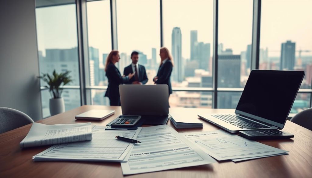 A modern, minimalist office setting with a diverse array of business alternatives to a traditional loan. In the foreground, several financial documents, a laptop, and a calculator symbolize the various financing options. The middle ground features a team of professionals in business attire, engaged in a collaborative discussion. In the background, a large window overlooking a bustling city skyline, conveying a sense of growth, innovation, and possibilities beyond conventional borrowing. Soft, warm lighting illuminates the scene, creating an atmosphere of professionalism and optimism. The overall composition suggests a thoughtful, nuanced approach to securing financial resources for a successful business venture.
