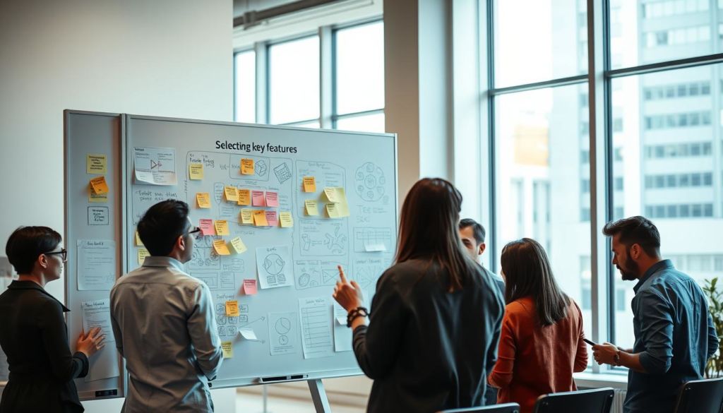 A modern, minimalist office setting with a large whiteboard or bulletin board in the foreground, depicting a dynamic visual brainstorming session. Various sticky notes, diagrams, and sketches are arranged in an organized yet organic manner, reflecting the process of "selecting key features". The middle ground features a diverse team of professionals engaged in animated discussion, their faces obscured to maintain privacy. The background showcases floor-to-ceiling windows, allowing natural light to flood the space and create a sense of openness and collaboration. The lighting is soft, with a slight warm tone, adding to the productive and focused atmosphere. The overall mood is one of creativity, problem-solving, and the collaborative spirit of building a successful MVP.