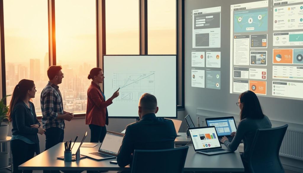 A modern, minimalist office setting with a large window overlooking a bustling city skyline. In the foreground, a group of diverse professionals animatedly discussing project plans on a large interactive whiteboard. The middle ground features sleek, ergonomic workstations where colleagues collaborate on laptops, smartphones, and tablets. The background showcases an array of successful no-code application interfaces projected on the walls, highlighting their intuitive designs and vibrant color schemes. Warm, diffused lighting creates a productive, inspiring atmosphere, while the overall composition conveys a sense of innovation, efficiency, and seamless workflow.