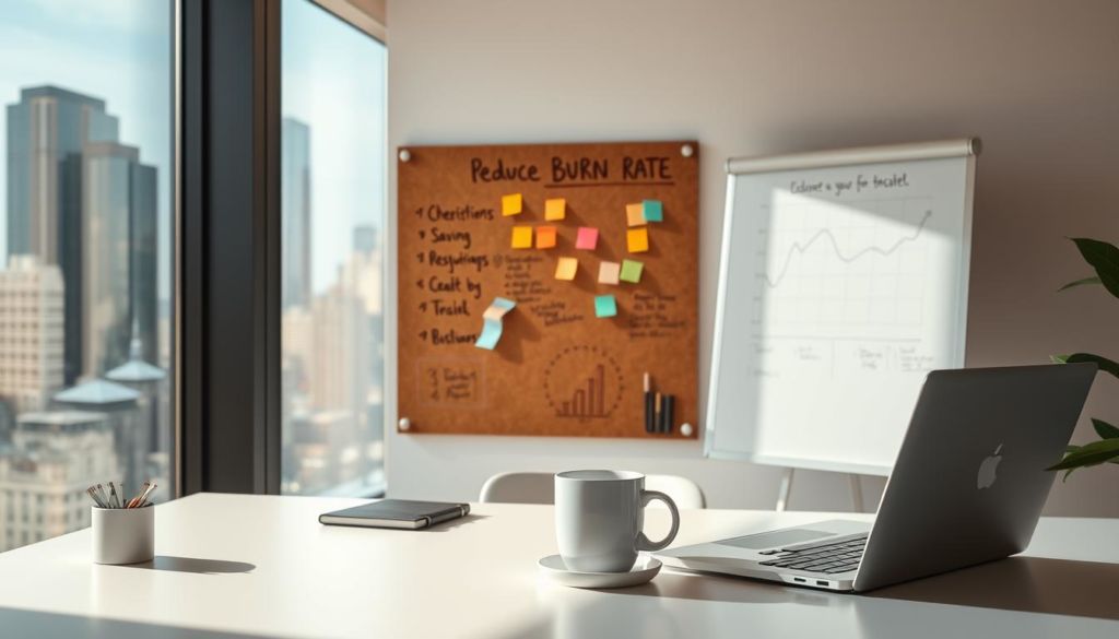 A modern, minimalist office setting with a large window overlooking a vibrant cityscape. In the foreground, a sleek desk with a laptop, coffee mug, and a few carefully organized office supplies. The middle ground features a cork board with handwritten notes and colorful sticky tabs, symbolizing strategies for reducing burn rate. Behind the desk, a large whiteboard with a neatly drawn chart or diagram highlighting key metrics and cost-saving initiatives. Soft, directional lighting from the window illuminates the scene, casting a warm, productive atmosphere. The overall feel is one of organized efficiency, with a sense of thoughtful planning towards financial sustainability.
