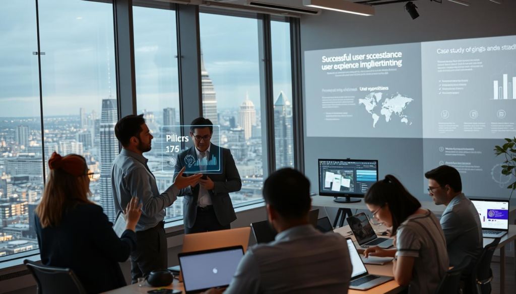 A modern, minimalist office setting with large windows overlooking a bustling city skyline. In the foreground, a group of business professionals engaged in a collaborative discussion, gesturing enthusiastically as they review data on a sleek, floating holographic display. The middle ground features a team of designers and developers working intently on their laptop screens, their faces lit by the glow of the displays. In the background, a series of informative infographics and case study visuals are projected onto the walls, highlighting successful user experience implementation. The overall atmosphere is one of innovation, productivity, and a shared sense of purpose. Soft, warm lighting casts a subtle glow, creating a professional yet inviting environment.