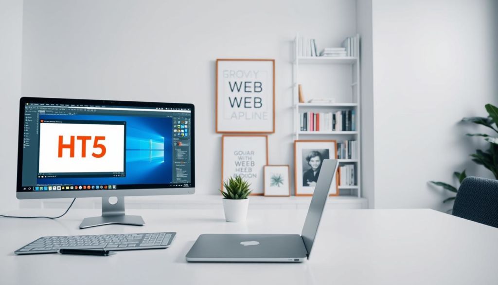 A modern, minimalist office setting with two computer screens showcasing HTML5 and graphic design software interfaces. In the foreground, a sleek, silver laptop and a stylus for digital sketching. The middle ground features a clean, white desk with a potted plant and a framed artwork that subtly references web development. The background has soft, diffused lighting illuminating a wall of bookshelves filled with design and coding reference materials. The overall atmosphere conveys a sense of productivity, creativity, and technological proficiency.