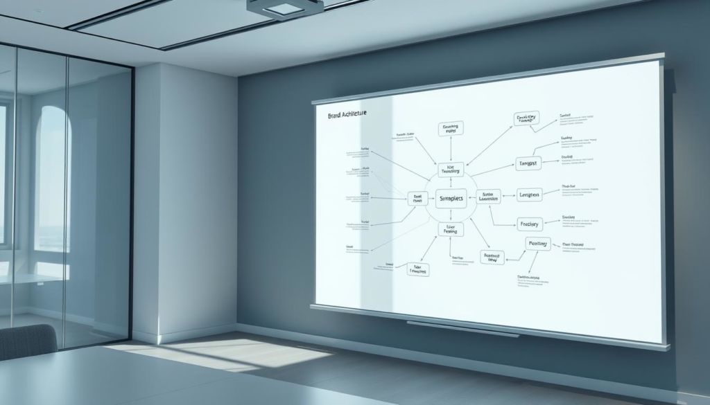 A modern, minimalist office space with an intricate brand architecture diagram projected on a large whiteboard. The diagram features clean geometric shapes, interconnected lines, and subtle brand colors that illustrate the complex relationships between various brand elements. Soft, directional lighting casts shadows that add depth and emphasize the three-dimensional nature of the diagram. The overall scene conveys a sense of order, sophistication, and strategic thinking, reflecting the careful review and adjustment of the brand's architectural framework.