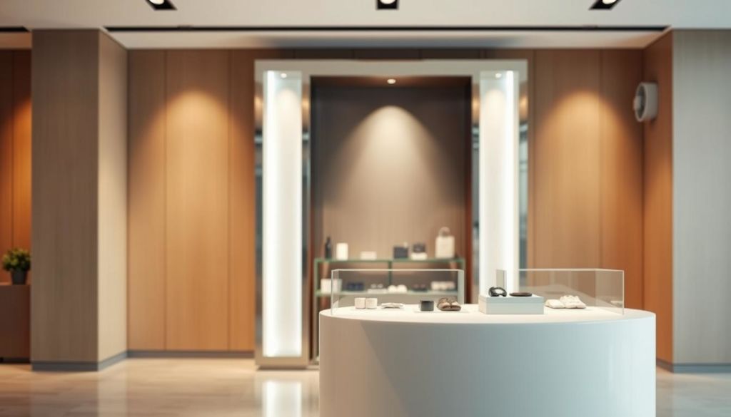 A modern, minimalist storefront display showcasing personalized product offers. The foreground features a simple white podium with an elegant glass display case, highlighting a selection of curated items. The middle ground depicts a sleek, brushed metal frame with subtle lighting accents, creating a sense of sophistication. The background subtly blurs into a warm, neutral-toned wall, allowing the featured products to take center stage. The overall composition conveys a sense of exclusivity and personalization, inviting the viewer to explore the unique offerings. The lighting is soft and directional, creating depth and emphasizing the high-quality materials. The camera angle is slightly elevated, providing a clean, unobstructed view of the display.