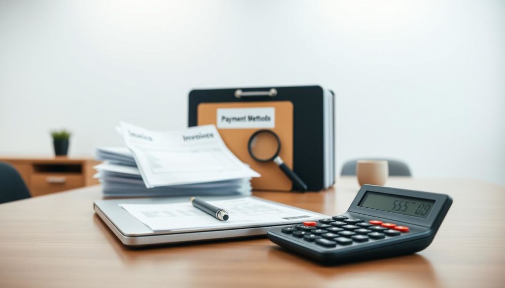 A modern office desk with various payment-related objects arranged neatly. In the foreground, a laptop, a pen, and a calculator sit atop a sleek, wooden desk surface. In the middle ground, a stack of invoices, a magnifying glass, and a folder labeled "Payment Methods" create a sense of organized financial management. The background features a minimalist, well-lit room with soft, diffused lighting, highlighting the professionalism and efficiency of the scene. The overall mood conveys a sense of purposeful organization and attention to detail in the process of collecting payments.