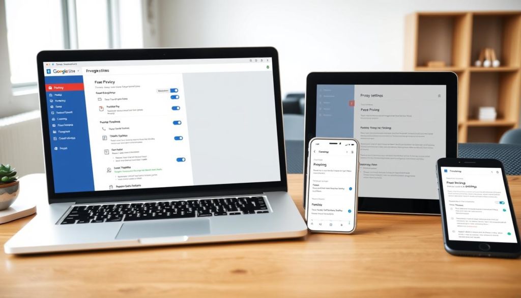 A modern office desktop with a laptop, smartphone, and tablet displaying the Google Sites privacy settings menu. Bright, clean lighting illuminates the scene, creating a professional and trustworthy atmosphere. The laptop screen shows the privacy configuration options, inviting the viewer to explore the intricacies of securing their Google Site. The smartphone and tablet display additional details, highlighting the cross-device accessibility of these privacy controls. The overall composition emphasizes the importance of carefully managing the privacy and sharing options for an online presence built with Google Sites.