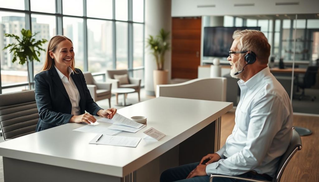 A modern office environment with a customer service representative assisting a satisfied client. The foreground features the representative smiling warmly and gesturing towards documents on a sleek, minimalist desk. The middle ground showcases a well-appointed reception area with comfortable seating and tasteful decor, conveying a sense of professionalism and care. In the background, floor-to-ceiling windows offer a scenic urban landscape, bathed in soft, natural lighting. The overall atmosphere exudes a balance of efficiency, empathy, and a genuine commitment to post-sale support.