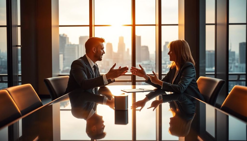 A modern office interior, bathed in warm, ambient lighting. In the foreground, a negotiation takes place around a sleek, glass conference table. Two businesspeople, one man and one woman, engaged in a lively discussion, hand gestures punctuating their words. The background features floor-to-ceiling windows, offering a glimpse of a bustling city skyline. The mood is one of productivity and urgency, as the negotiators work to establish an effective timeline for their transaction. Subtle shadows and reflections add depth and a sense of professionalism to the scene.
