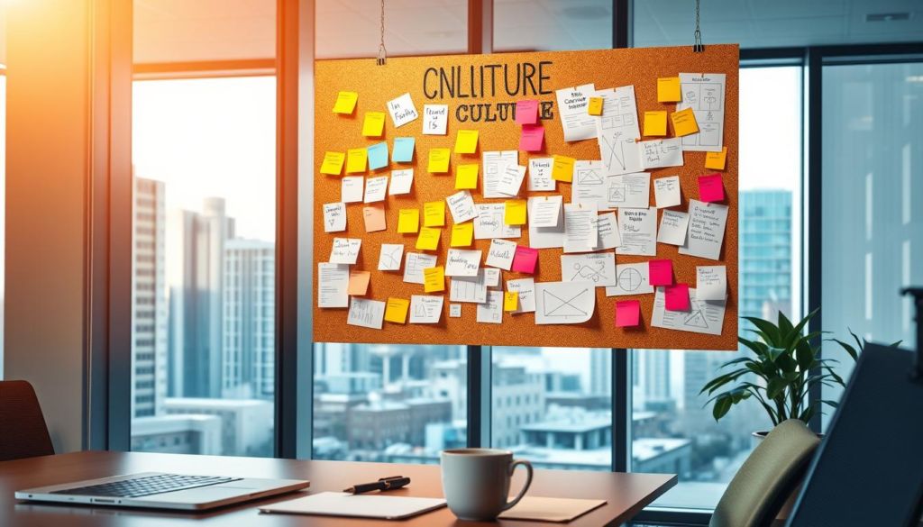 A modern office interior with a collection of colorful sticky notes and documents pinned to a corkboard, symbolizing the analytical process of identifying an organization's current culture. The lighting is warm and natural, casting a soft glow on the scene. The foreground features a desk with a laptop, pen, and a mug of coffee, suggesting an active workspace. The middle ground showcases the corkboard filled with handwritten notes and diagrams, representing the exploration and documentation of cultural elements. The background depicts a large window overlooking a cityscape, providing a sense of context and the broader business environment. The overall atmosphere conveys a thoughtful, collaborative, and insightful approach to understanding organizational culture.