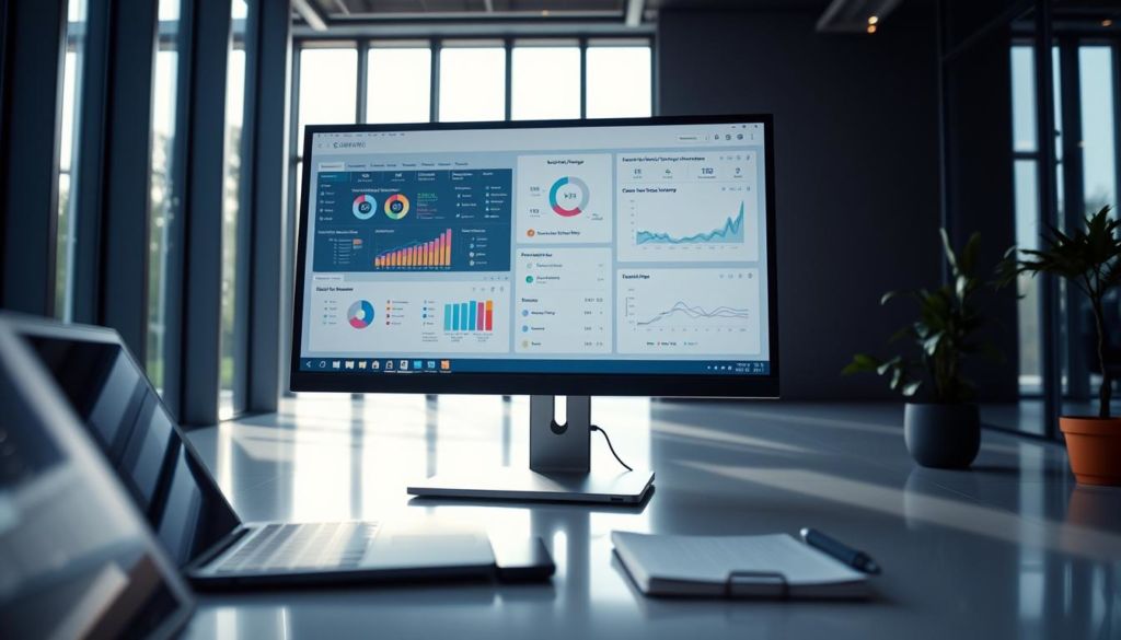 A modern office interior with a large computer monitor displaying a CRM (Customer Relationship Management) dashboard. The foreground features a desk with a laptop, pen, and notepad, indicating a professional work environment. The middle ground showcases various customer data visualizations and analytics on the screen, highlighting the technology's role in customer engagement and retention. The background depicts floor-to-ceiling windows, letting in natural light and creating a sense of openness and productivity. The overall scene conveys how CRM can be leveraged to strengthen customer loyalty, aligning with the article's focus on practical technologies for client retention.
