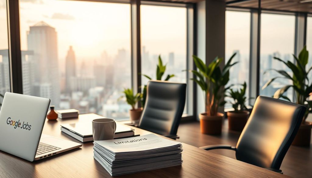 A modern office interior with a large window overlooking a bustling city skyline. In the foreground, a well-appointed desk with a laptop, coffee mug, and neatly organized office supplies. On the desk, a stack of papers labeled "Google Jobs" contrasts with another stack marked "Limitations". The middle ground features ergonomic office chairs and lush potted plants, conveying a sense of comfort and productivity. The background showcases the cityscape beyond, bathed in warm, Golden-hour lighting that filters through the window, creating a tranquil and reflective atmosphere. The overall scene suggests the balance between the advantages and limitations of the Google Jobs platform in the context of a professional work environment.