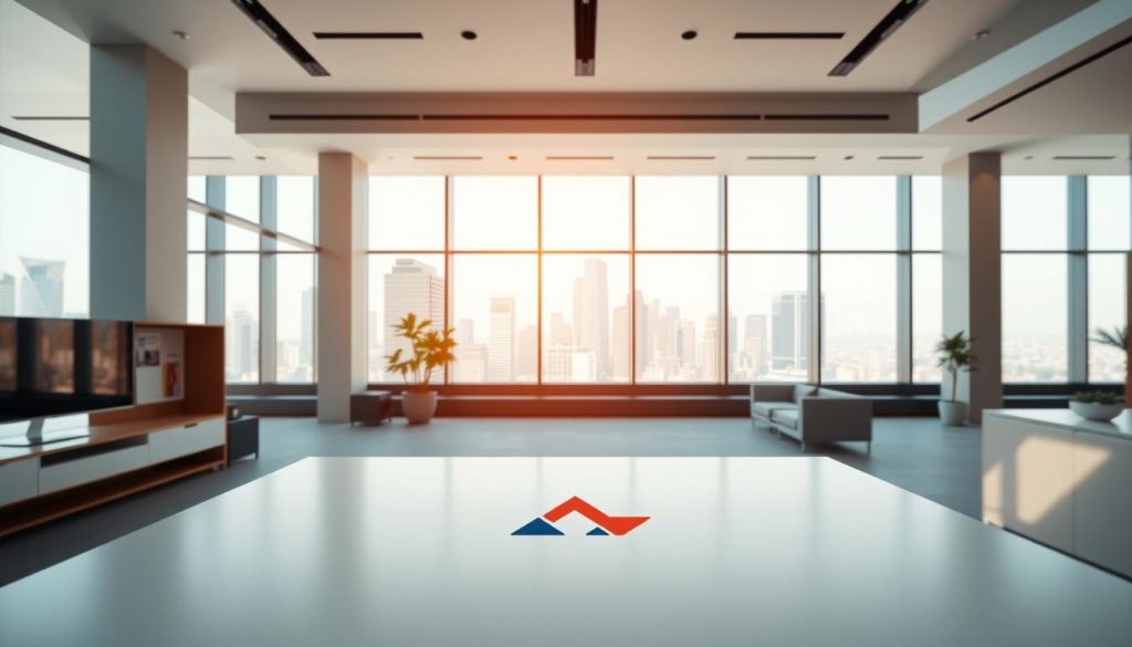 A modern office interior with a minimalist aesthetic. In the foreground, a clean, minimalist desk with simple, geometric shapes representing brand elements - a sleek logo, a few abstract symbols, and a cohesive color palette. The middle ground features a large, floor-to-ceiling window overlooking a bustling city skyline, bathed in warm, natural lighting. In the background, subtle architectural details like clean lines, neutral tones, and modular furniture create a sense of harmony and order. The overall scene conveys a professional, forward-thinking brand identity with a focus on design, simplicity, and sophistication.