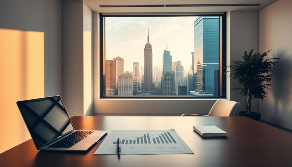 A modern office interior with a sleek, minimalist design. In the foreground, a neatly organized desk with a laptop, pen, and a few financial documents. On the desk, a smart-looking graph or chart depicting a company's "burn rate" and financial health. The middle ground features a large window overlooking a bustling city skyline, bathed in warm, golden light. The background is a crisp, clean white wall, accentuating the professional, analytical atmosphere. The overall scene conveys a sense of control, prudent financial management, and the delicate balance between a startup's growth and sustainability.