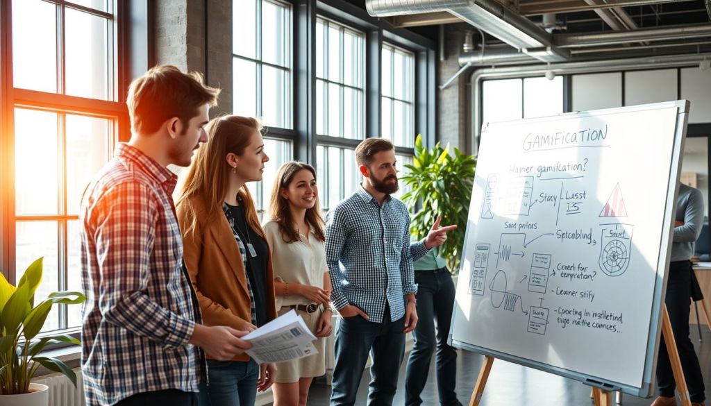 A modern office interior with a team of professionals brainstorming ideas on a whiteboard, creating a concept for gamification in their digital marketing strategy. The scene is well-lit with natural light streaming through large windows, casting a warm glow on the hardworking group. In the foreground, a developer and a designer discuss potential game mechanics, while in the middle ground, a marketer and a project manager analyze data and sketches. In the background, a strategist observes the process, considering the challenges and opportunities of implementing gamification. The atmosphere is one of focused collaboration, with a sense of energy and problem-solving.