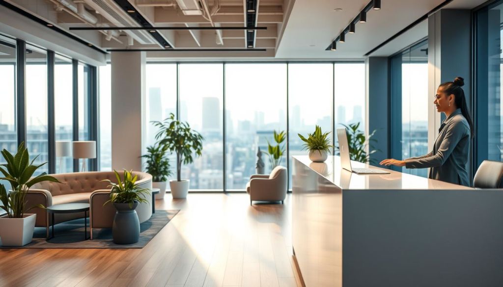 A modern office interior with a warm, inviting atmosphere. In the foreground, a friendly customer service representative assists a customer at a sleek, minimalist reception desk, providing attentive and professional assistance. The middle ground features a cozy lounge area with plush seating and potted plants, creating a comfortable space for clients to wait. The background showcases large windows bathed in soft, natural lighting, offering a glimpse of a vibrant cityscape outside. The overall scene conveys a sense of efficiency, care, and a commitment to delivering an exceptional customer experience.