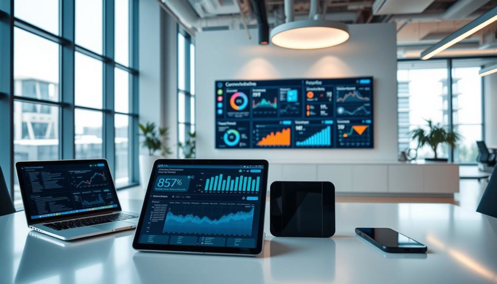 A modern office interior with an array of technologies for cost reduction prominently displayed. In the foreground, a sleek laptop, a tablet, and a smartphone sit on a minimalist white desk, their screens showcasing data visualizations and cost-saving analytics. In the middle ground, a wall-mounted touchscreen display presents a live dashboard of key performance indicators and cost-optimization strategies. The background features floor-to-ceiling windows, allowing ample natural light to flood the space and creating a sense of openness and transparency. The lighting is a balanced mix of warm accent lighting and cool overhead illumination, casting dynamic shadows and highlights across the scene. The overall mood is one of technological sophistication, efficiency, and a forward-thinking approach to business optimization.