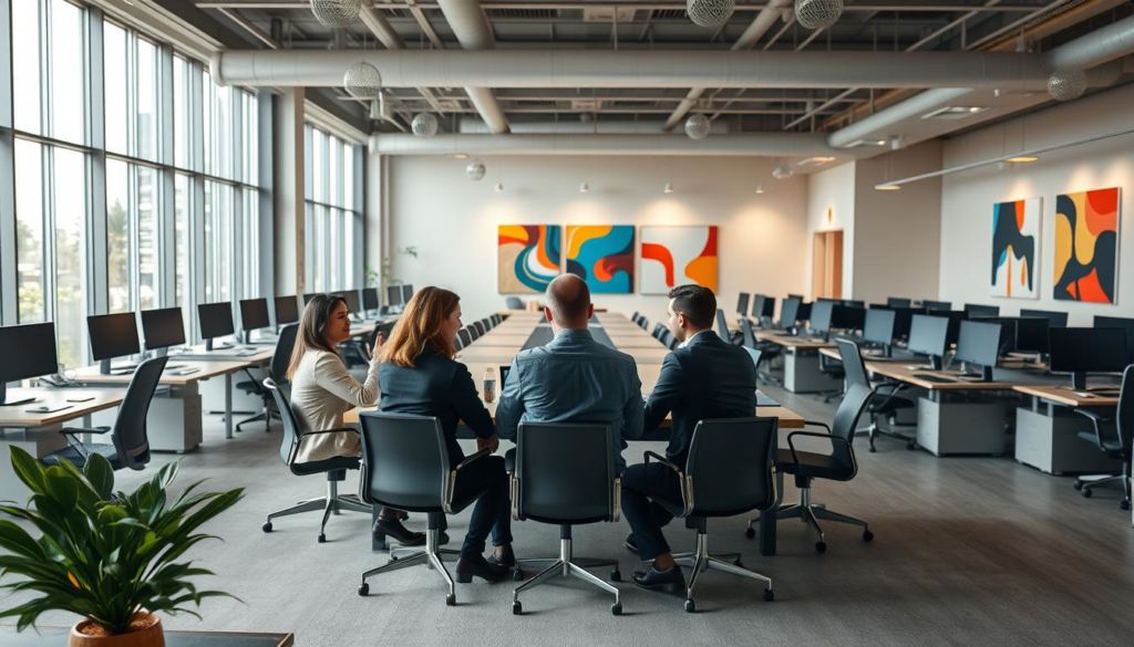 A modern office interior with an open floor plan, filled with sleek, minimalist furniture and plenty of natural light streaming in through large windows. In the foreground, a team of business professionals are gathered around a conference table, engaged in a collaborative discussion about implementing a new SaaS platform. Their faces are focused, yet their body language conveys a sense of enthusiasm and optimism. The middle ground features rows of workstations, each equipped with the latest technology, suggesting an environment conducive to productivity and innovation. In the background, the walls are adorned with colorful abstract artwork, adding a touch of creativity and vibrancy to the space. The lighting is warm and inviting, creating a sense of professionalism and sophistication throughout the scene.