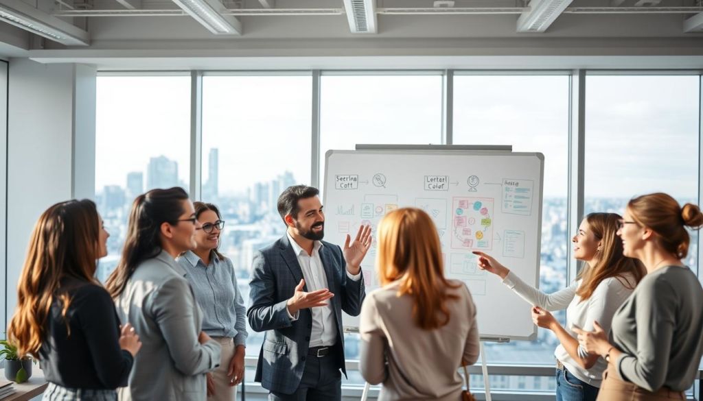 A modern office interior with bright, airy lighting and clean, minimalist design. In the foreground, a group of diverse colleagues engaged in a lively discussion, gesturing expressively and making eye contact. The middle ground features a large whiteboard with colorful notes and diagrams, visualizing the importance of effective internal communication. In the background, a large window overlooking a bustling city skyline, symbolizing the broader business context. The overall atmosphere conveys a sense of collaboration, creativity, and the strategic value of strong internal communication within an organization.